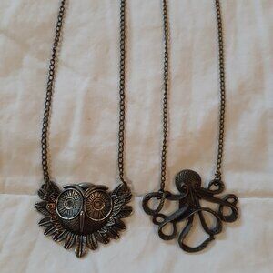 Owl and Octopus Necklace Duo  Bronze Tone